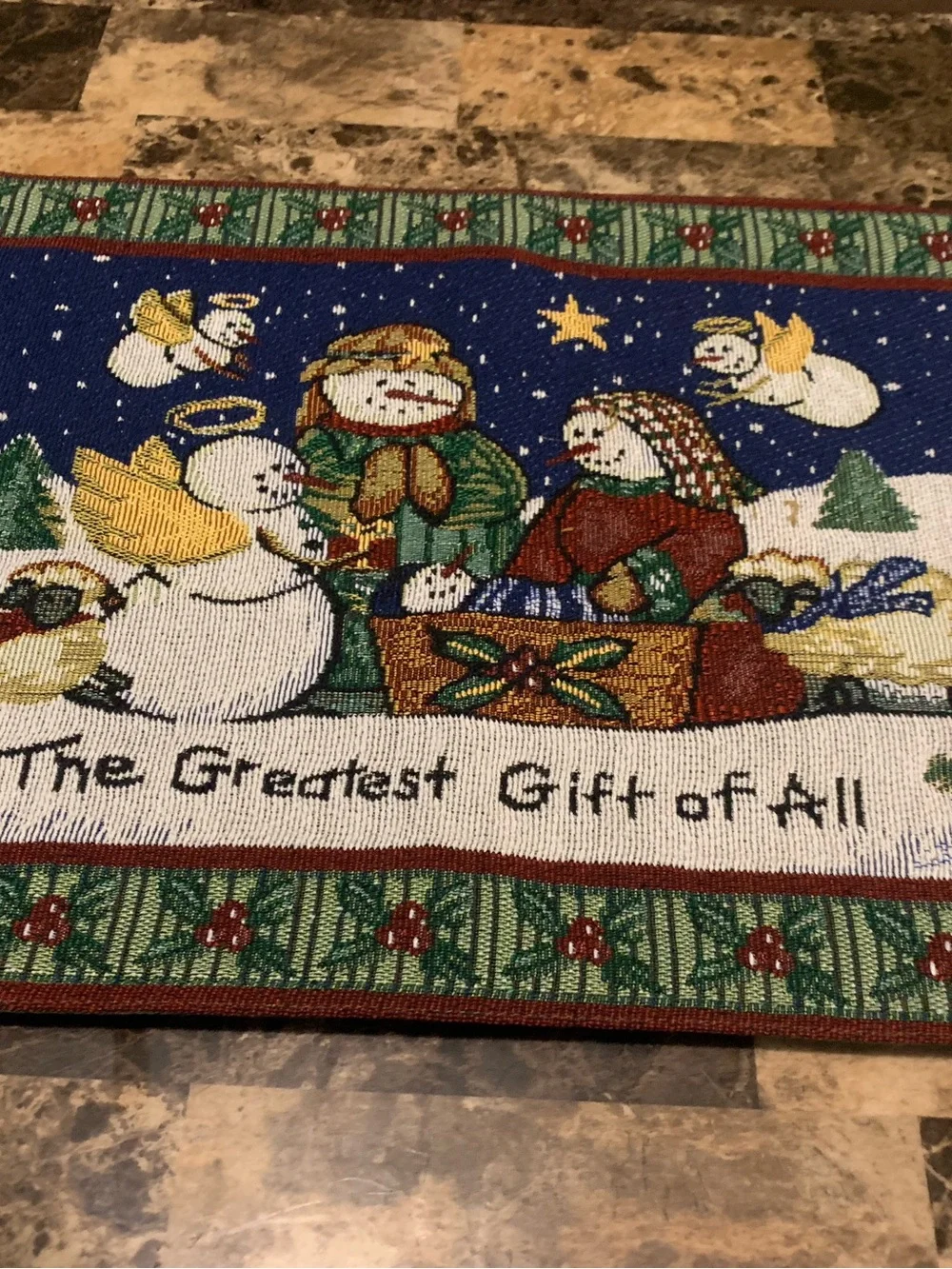 The Greatest Gift of All Snowman Nativity Tapestry Table Runner